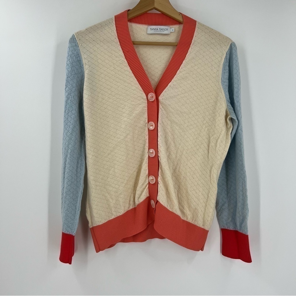 Tanya Taylor 100% Wool Button Down Cardigan pastel pink blue cream size M